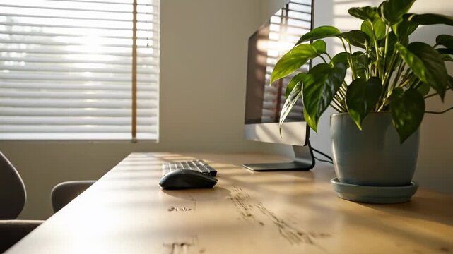 A computer on a wooden desk in a room with a plant