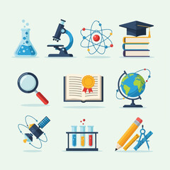 Set of science and education illustrations on a light green background
