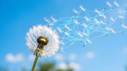 Gorgeous macro photo of dandelion seeds connected by glowing fiber optic lines representing global network.