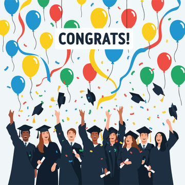 Illustration of a graduation celebration with students throwing caps and balloons