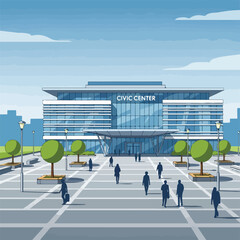 Illustration of a modern building with people on a plaza © Rilias