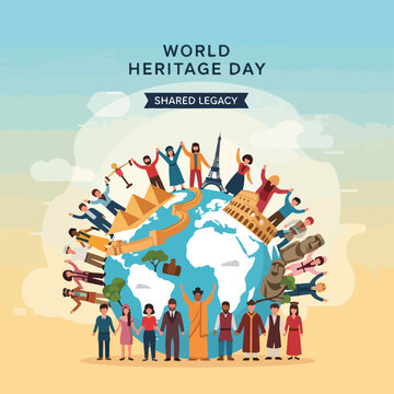 Illustration promoting world cultural heritage, showing various landmarks and people