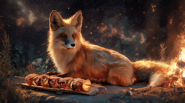 Fox Beside Skewers: A sly red fox lounges contentedly near a campfire and a platter of skewers, its gaze suggesting both cunning and curiosity, against a background of embers.