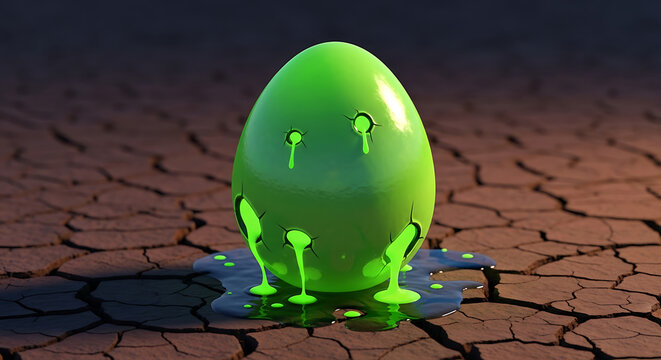 Neon Green Alien Egg Leaking Fluorescent Liquid on Cracked Desert Ground, 3D Illustration