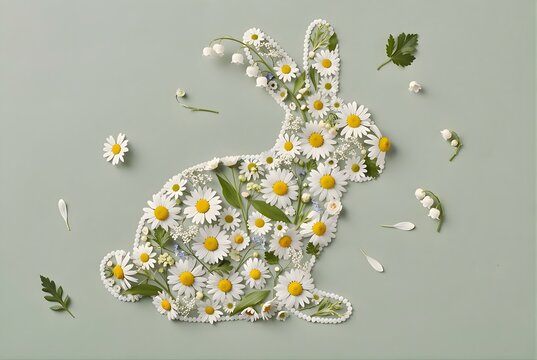 Organic Rabbit Silhouette Made of Fresh Spring Wildflowers and Daisies on Sage Green Background Top View Flatlay