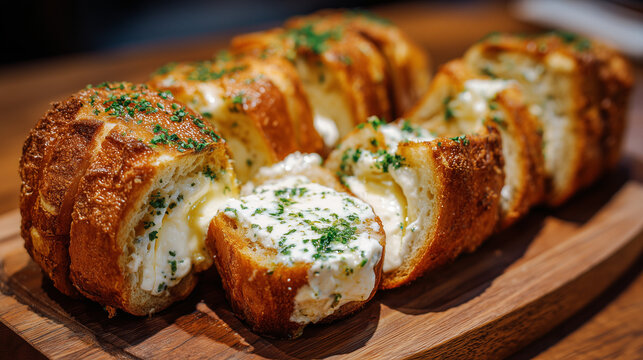 cheesy garlic bread slices with melted cheese and herbs, toasted garlic bread with melted mozzarella and parsley, baked cheesy garlic bread on wooden serving board