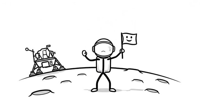 Stick figure astronaut celebrates on moon holding a smiley flag next to a lunar lander.