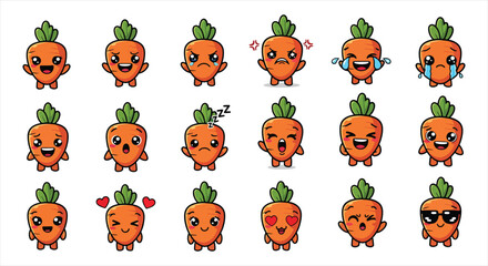 Fototapeta premium Cute Carrot Character Emote Sticker Set, Cartoon Vegetable Mascot Emoji Pack, Funny Food Reaction Icons Vector