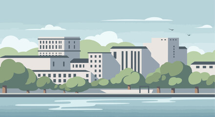 Fototapeta premium Modern Cityscape with River and Lush Green Trees, Sunny Day, Urban Landscape