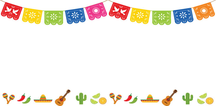 Colorful Mexican fiesta party decorations with papel picado banners and traditional elements like maracas and guitars