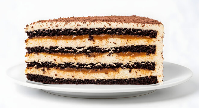 Cross-section slice of traditional Argentinian chocotorta layered chocolate biscuit and dulce de leche cake on white