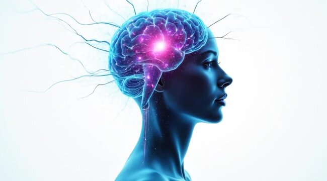 A video showcasing a human brain with a glowing pink light inside