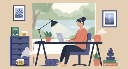 Fototapeta premium Woman Working Remotely From Home Office, Focused and Productive