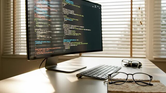 Computer monitor on a desk with keyboard and glasses on a notebook