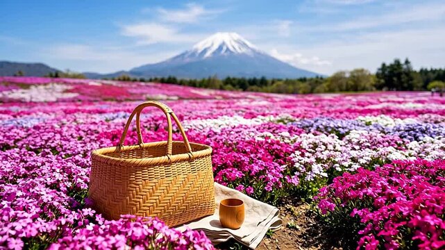 Woven bamboo picnic basket rests perfectly in a massive field of vibrant pink moss phlox flowers at the Fuji Shibazakura Festival.