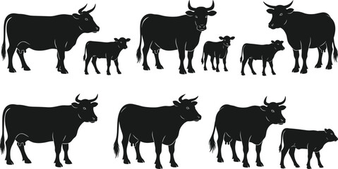 Cow and Calf Silhouette Vector Set with Farm Cattle Animals for Agriculture, Dairy Farming Illustration, Livestock Ranch Graphics, and Rural Barnyard Design Elements © MDSOBUJ