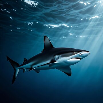 Solitary shark swimming in deep blue