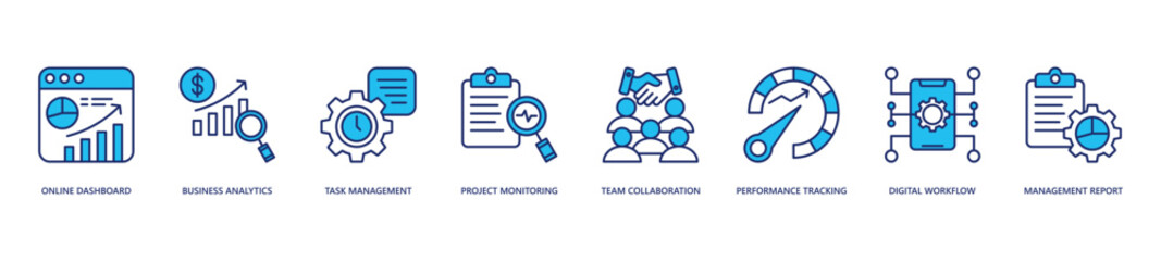 Obraz premium Online Business Management Icon Set. Icon set includes Online Dashboard, Business Analytics, Task Management, Project Monitoring, Team Collaboration, Performance Tracking, Digital Workflow.