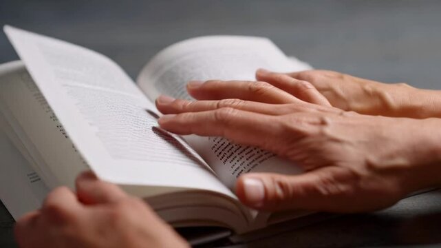 Person reads book with hands on pages in quiet moment indoors