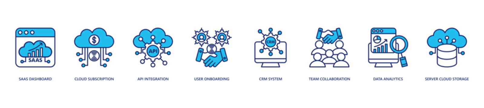 SaaS Startup System Icon Set. Icon set includes Saas Dashboard, Cloud Subscription, Api Integration, User Onboarding, Crm System, Data Analytics, Server Cloud Storage.
