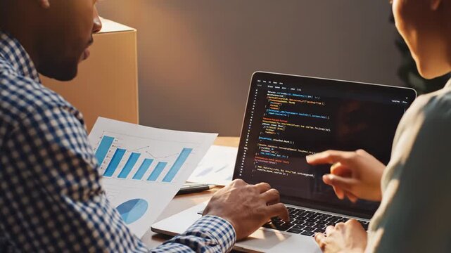 Two people working on laptop with coding and data analysis on screen