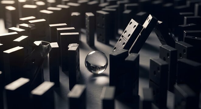 A radiant glass sphere rests amidst a dark labyrinth of falling and standing dominoes, serving as a powerful metaphor for a strategic catalyst initiating a transformative chain reaction