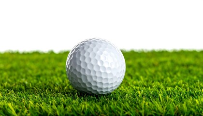 Obraz premium A close-up shot of a white dimpled ball resting on vibrant green, neatly trimmed blades of artificial grass. A pure white background