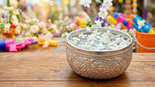 Ornate silver bowl filled with clear water and floating white jasmine flowers rests on a smooth teak wood table for Songkran Festival.