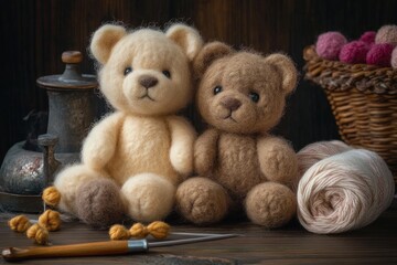 Obraz premium Two handmade felted teddy bears sitting on a wooden table beside yarn, felting tools, a woven basket and metal containers, evoking warm cozy cuddly feelings