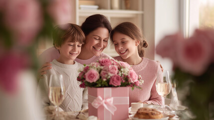 Fototapeta premium happy mother with children celebrating special occasion with flowers and dessert, family surprise celebration with kids giving flowers to their mother, joyful family moment with mother and children ce