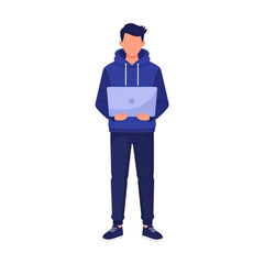 Obraz premium Dynamic illustration of a young person in comfortable clothing, holding a laptop, representing digital engagement, remote professional, and tech-savvy individual concept