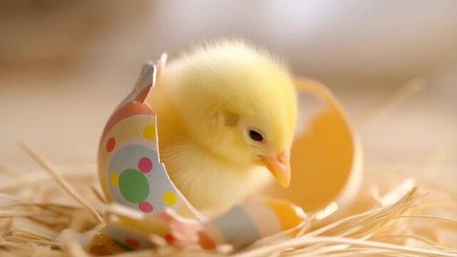 A heartwarming timelapse of a cracked decorated easter egg opening to reveal a fluffy yellow chick inside, concept of new beginnings and easter symbolism