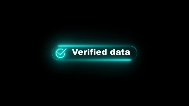 Glowing neon verified data button on a black background, representing a digital interface for granting permission or access. Verified data concept. Digital system security alert on computer concept.