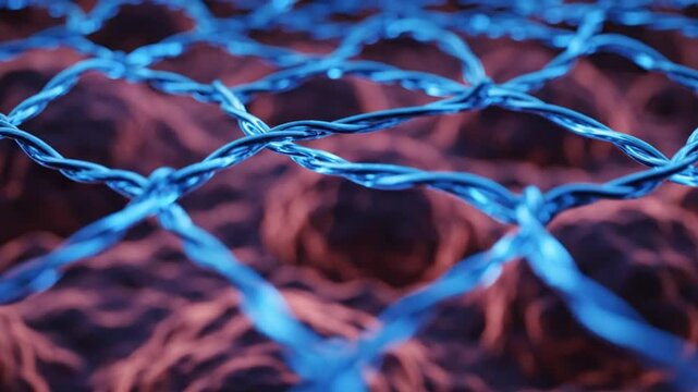 Detailed close-up of a twisted blue wire mesh structure against a blurred background evoking organic textures