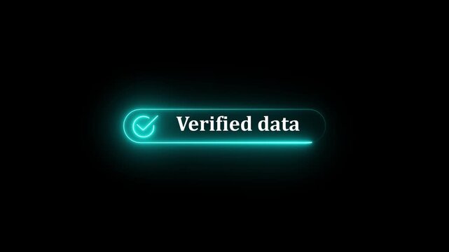 Glowing neon verified data button on a black background, representing a digital interface for granting permission or access. Verified data concept. Digital system security alert on computer concept.