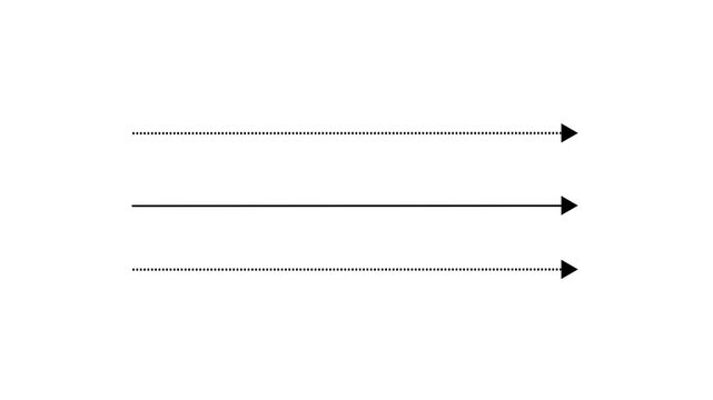 Black straight arrows animation. Reveal and hide animation of solid, dashed, and dotted arrows. Isolated on a white background. Glowing arrow animation. 4k video