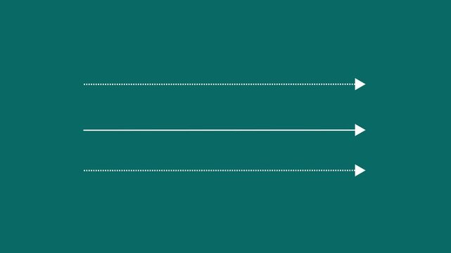 White straight arrows animation. Reveal and hide animation of solid, dashed, and dotted arrows. Isolated on a cyan background. Glowing arrow animation. 4k video