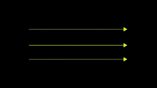Yellow straight arrows animation. Reveal and hide animation of solid, dashed, and dotted arrows. Isolated on a black background. Glowing arrow animation. 4k video