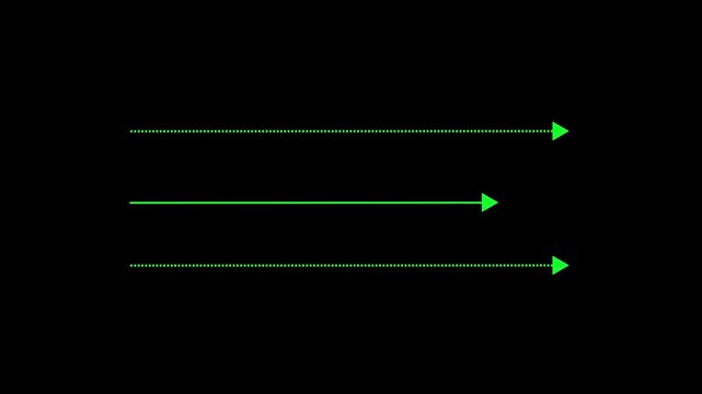 Green straight arrows animation. Reveal and hide animation of solid, dashed, and dotted arrows. Isolated on a black background. Glowing arrow animation. 4k video