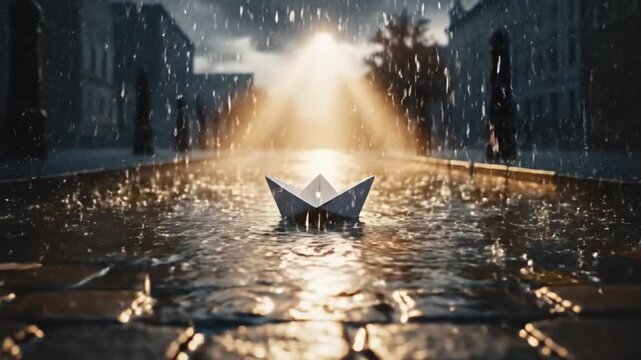 Paper boat rain street puddle sunlight reflection wet urban dramatic moody scene with autumn leaves, childhood nostalgia, peaceful solitude, adventure, journey, dream, imagination, serene outdoor