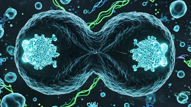 Cell Division Process Showing Cytokinesis and Two Developing Daughter Nuclei Under Magnification