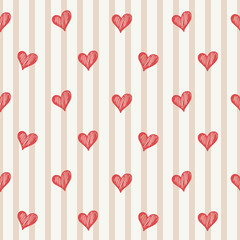 Red hand-drawn hearts on striped beige background