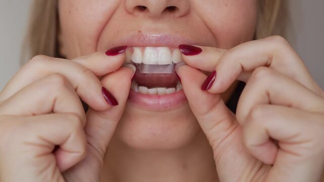 Extreme close-up of young woman placing teeth whitening strip on upper teeth. Dental care routine, oral hygiene and cosmetic whitening treatment at home