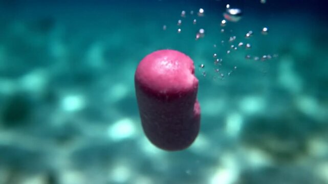 Underwater close up of a pink, porous, dissolving bait pellet releasing bubbles in deep blue water