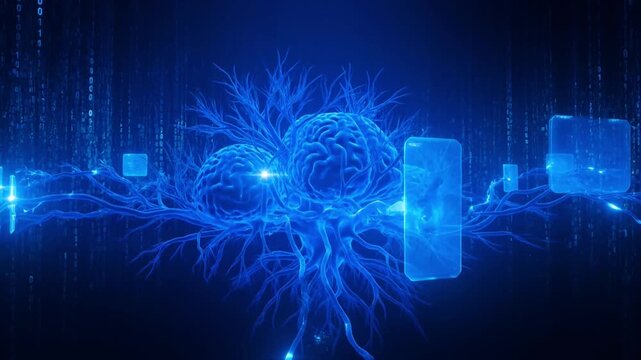 A digital representation of human brain structures glowing in blue against a dark empty background