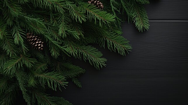 Close-Up of Lush Evergreen Pine Branches with Pine Cones Against a Dark Textured Background for Seasonal Decor