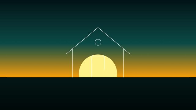 A minimalist animation of a tranquil golden sunrise emerging, gracefully forming a home outline with a radiant, welcoming light path and an inviting