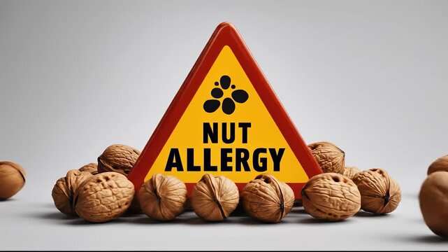Nut allergy warning sign with whole nuts surrounding