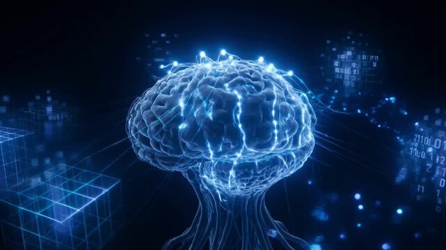 A 3d rendered human brain model surrounded by glowing blue particles representing neural activity