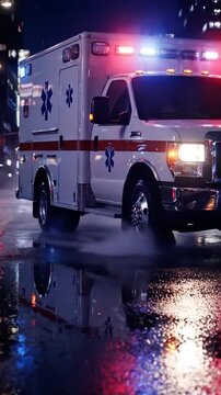 Night city ambulance racing through rain, blaring sirens and flashing red and blue lights reflecting on wet asphalt, steam rising from tires, emergency response rushing past neon signs,